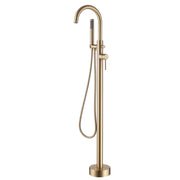 Brushed gold freestanding tub filler faucet with handheld shower on white background