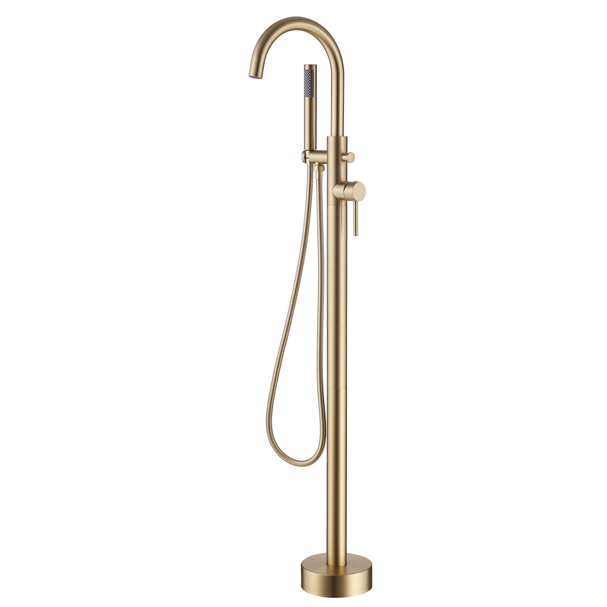 Brushed gold freestanding tub filler faucet with handheld shower on white background