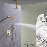 Handheld shower wand spraying water in brushed gold dual shower system with 3-function diverter.