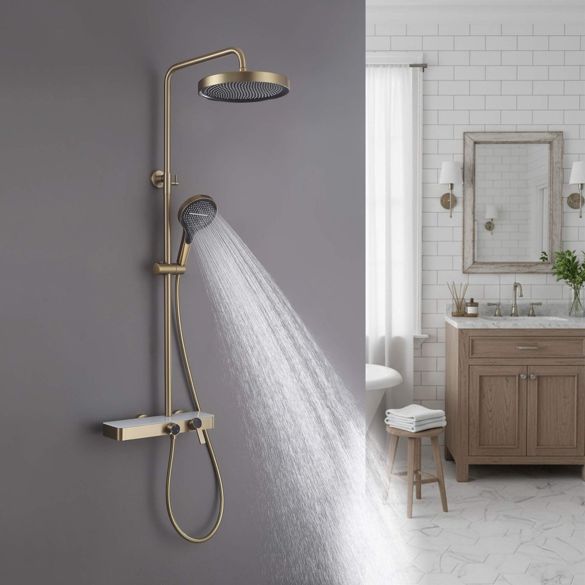 Exposed 3-Function Rain Shower Column with Shelf & Waterfall Tub Filler