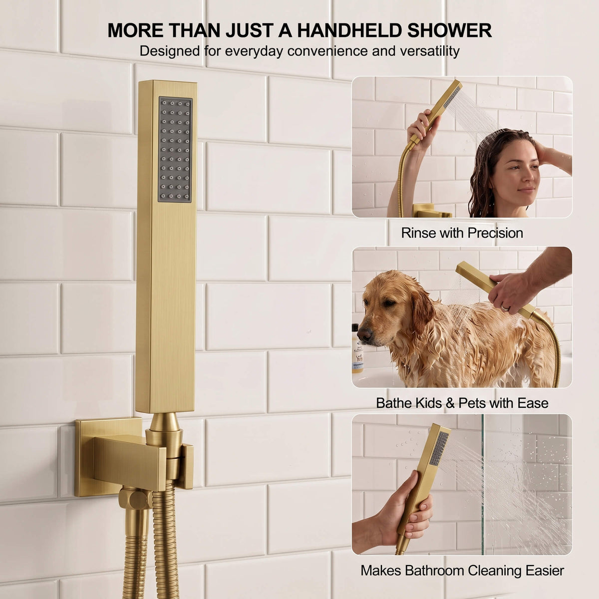 Brushed gold handheld shower sprayer for precise rinsing, cleaning and everyday bathroom use