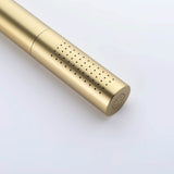 Cylindrical brushed gold handheld shower wand design detail, modern minimalist style.
