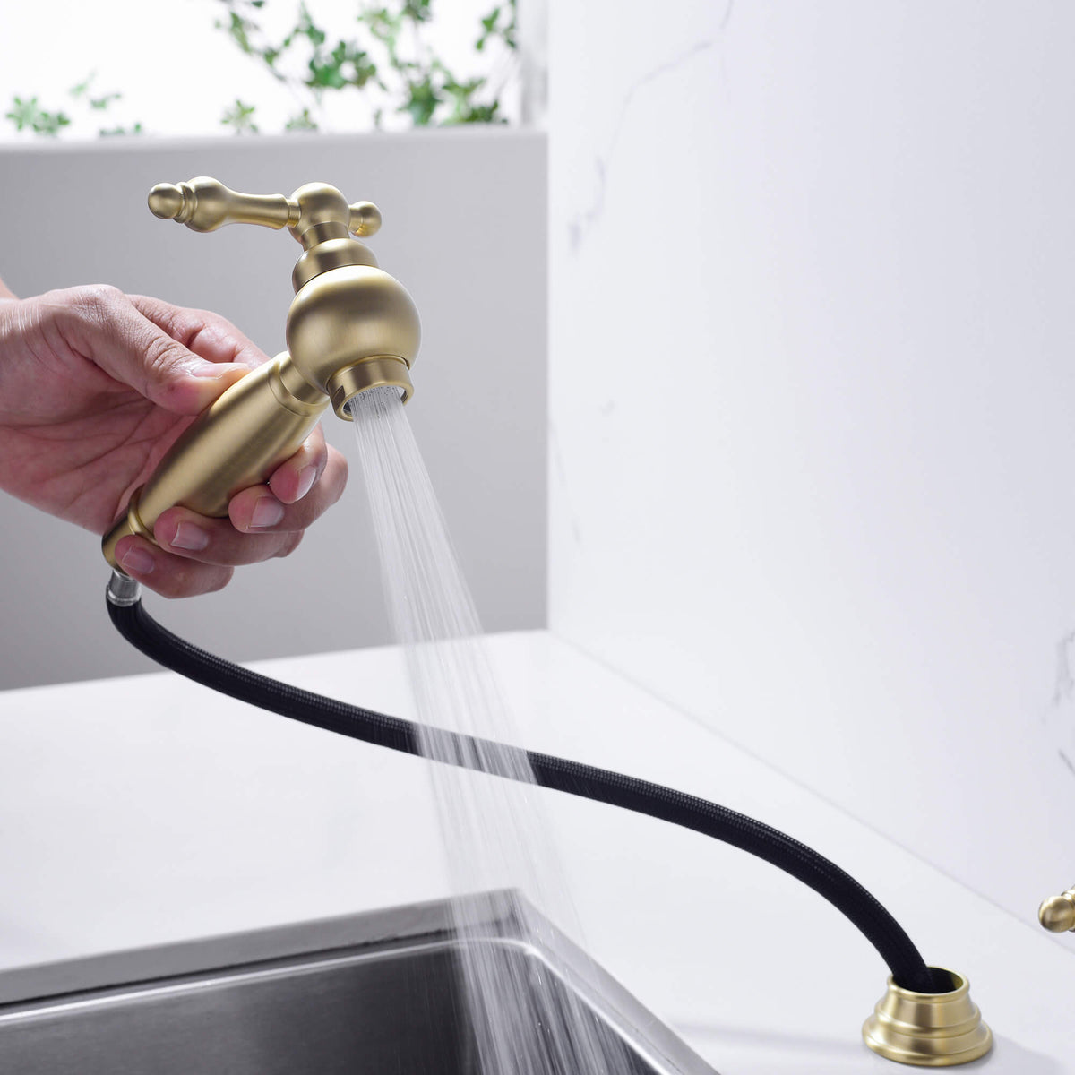 8-Inch Bridge Kitchen Faucet with Side Sprayer 360° Swivel Spout