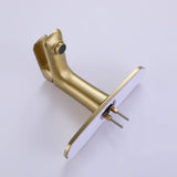 Close up view of brushed gold modern bathroom faucet with smooth single handle design