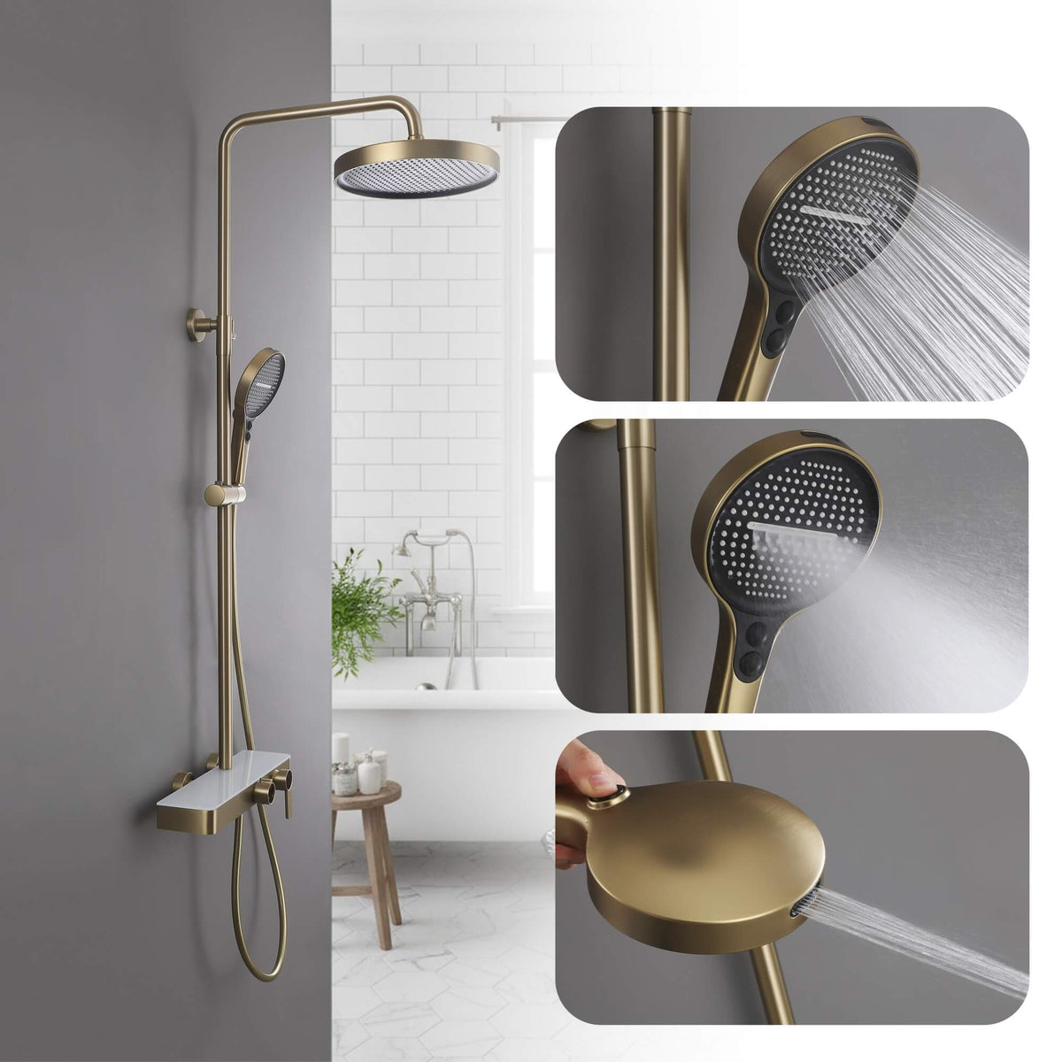 Exposed 3-Function Rain Shower Column with Shelf & Waterfall Tub Filler