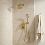Wall-mounted gold shower set with a round overhead head, handheld sprayer and concealed two-control valve