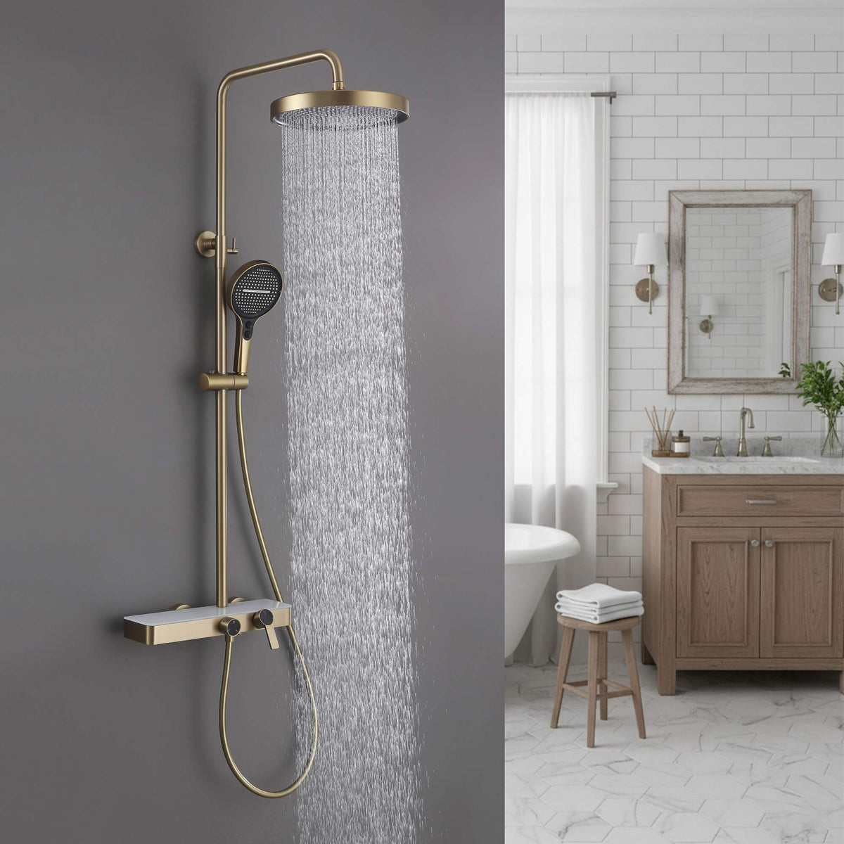 Exposed 3-Function Rain Shower Column with Shelf & Waterfall Tub Filler