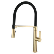 Brushed gold and black pull-down kitchen faucet with single handle and high arc spout