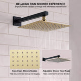 Brushed gold square rainfall shower head with easy clean silicone nozzles and adjustable shower angle