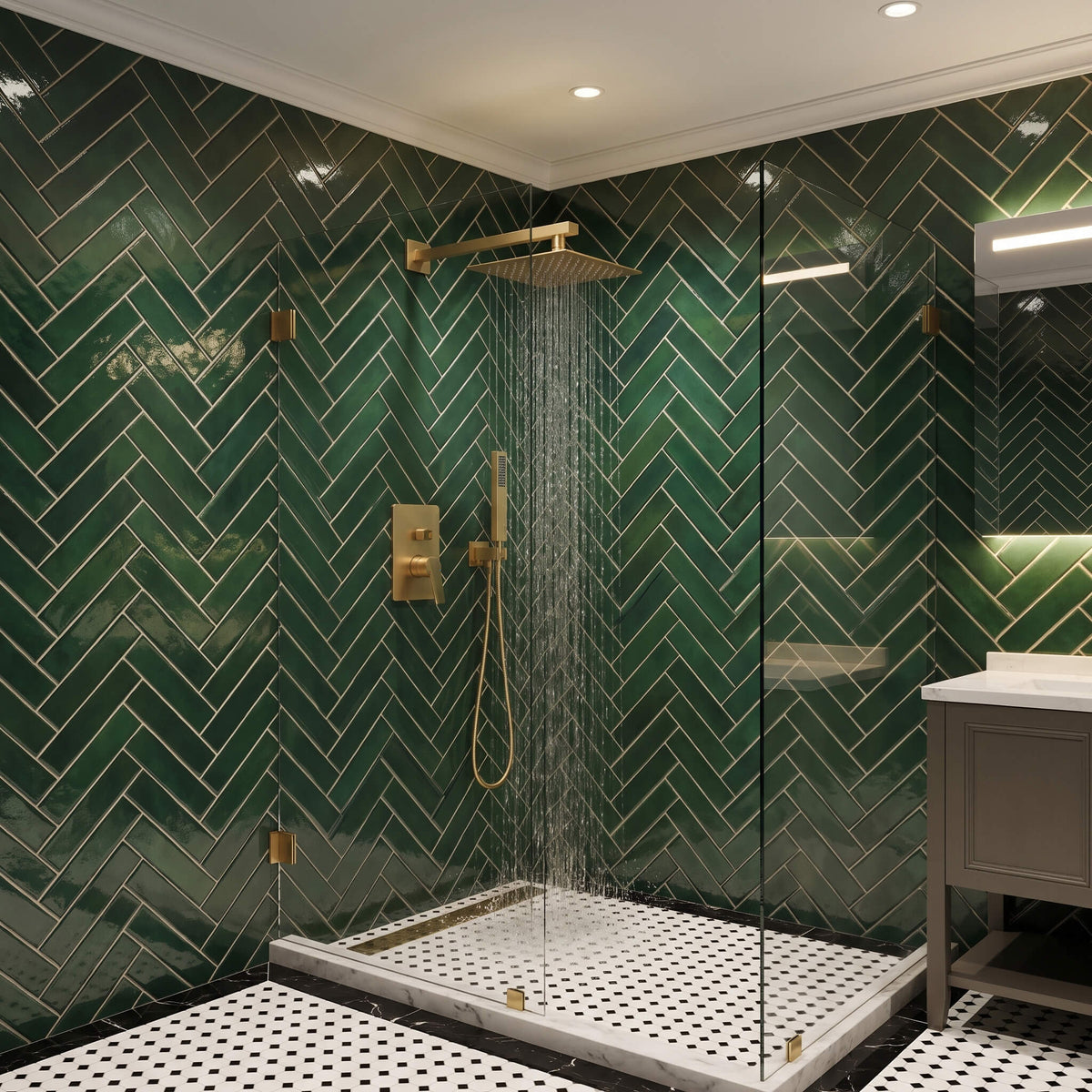 Brushed gold rainfall shower head providing full body water coverage for a relaxing shower experience