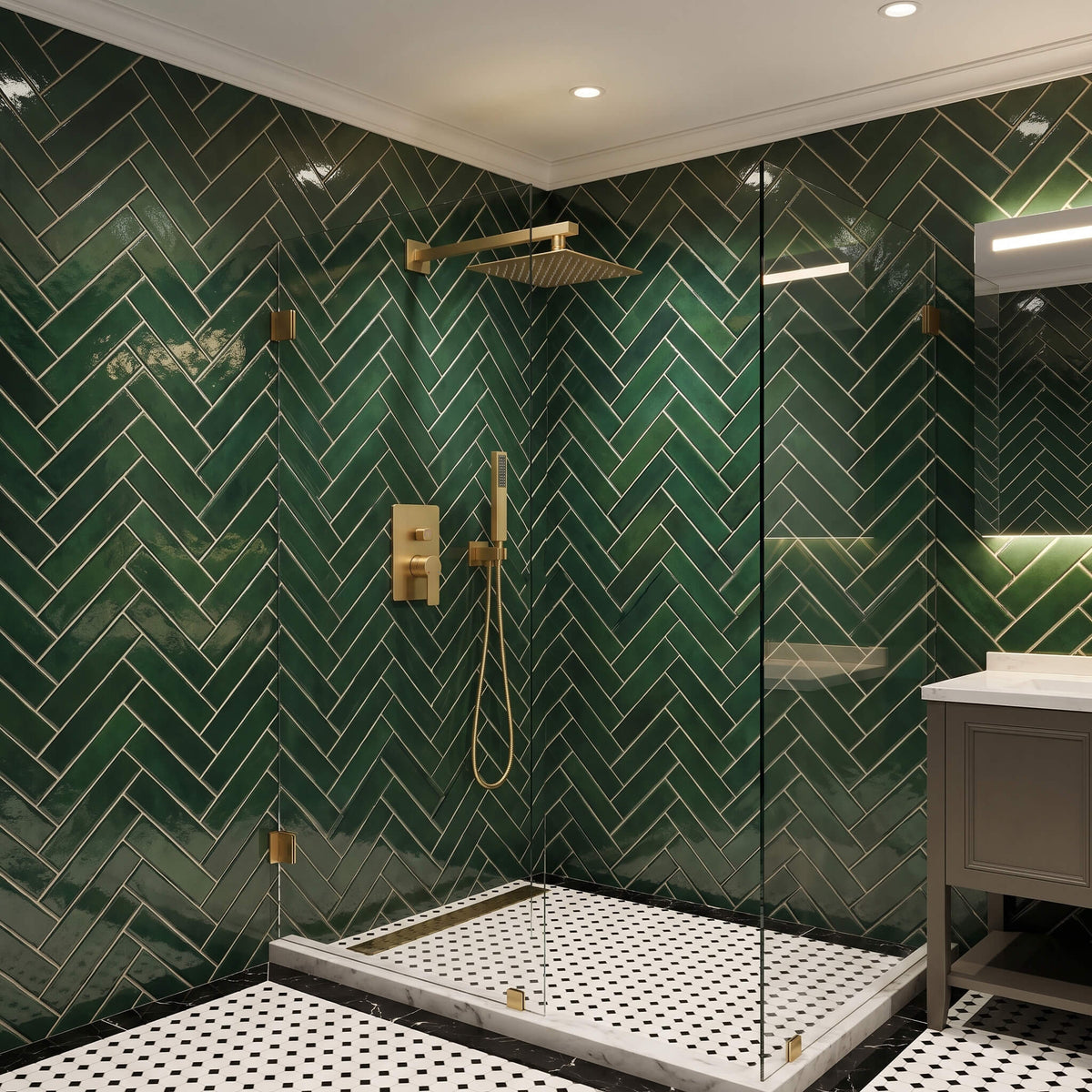 Brushed gold rain shower system installed in modern bathroom with square rainfall shower head and handheld sprayer