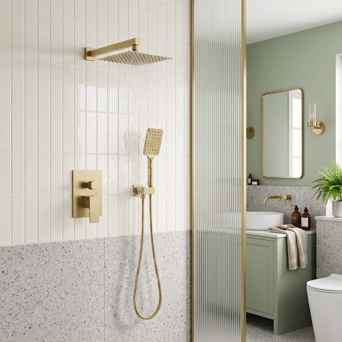 Brushed gold rain shower system with running overhead shower, handheld shower and concealed wall valve