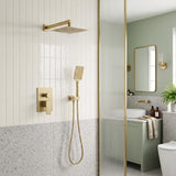 Brushed gold rain shower system with running overhead shower, handheld shower and concealed wall valve