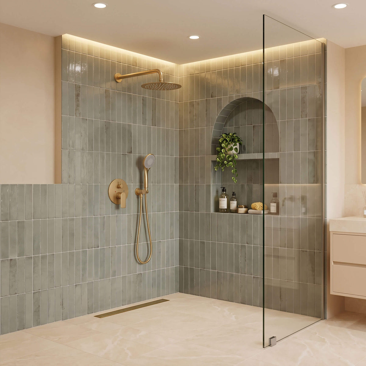 Brushed gold rain shower system with handheld shower and wall-mounted 10-inch rainfall shower head