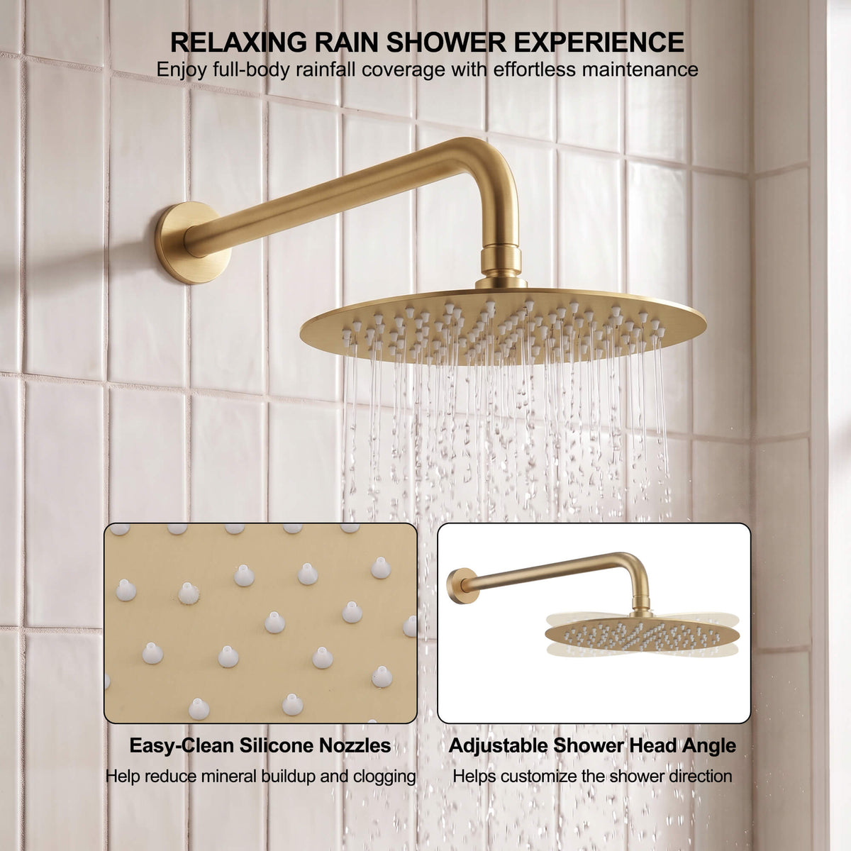 Brushed gold rainfall shower head with easy clean silicone nozzles and adjustable shower angle