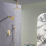 Overhead rainfall shower head in brushed gold finish with wide spray coverage.