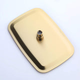 Rectangular brushed gold rainfall shower head back view with mounting connector.