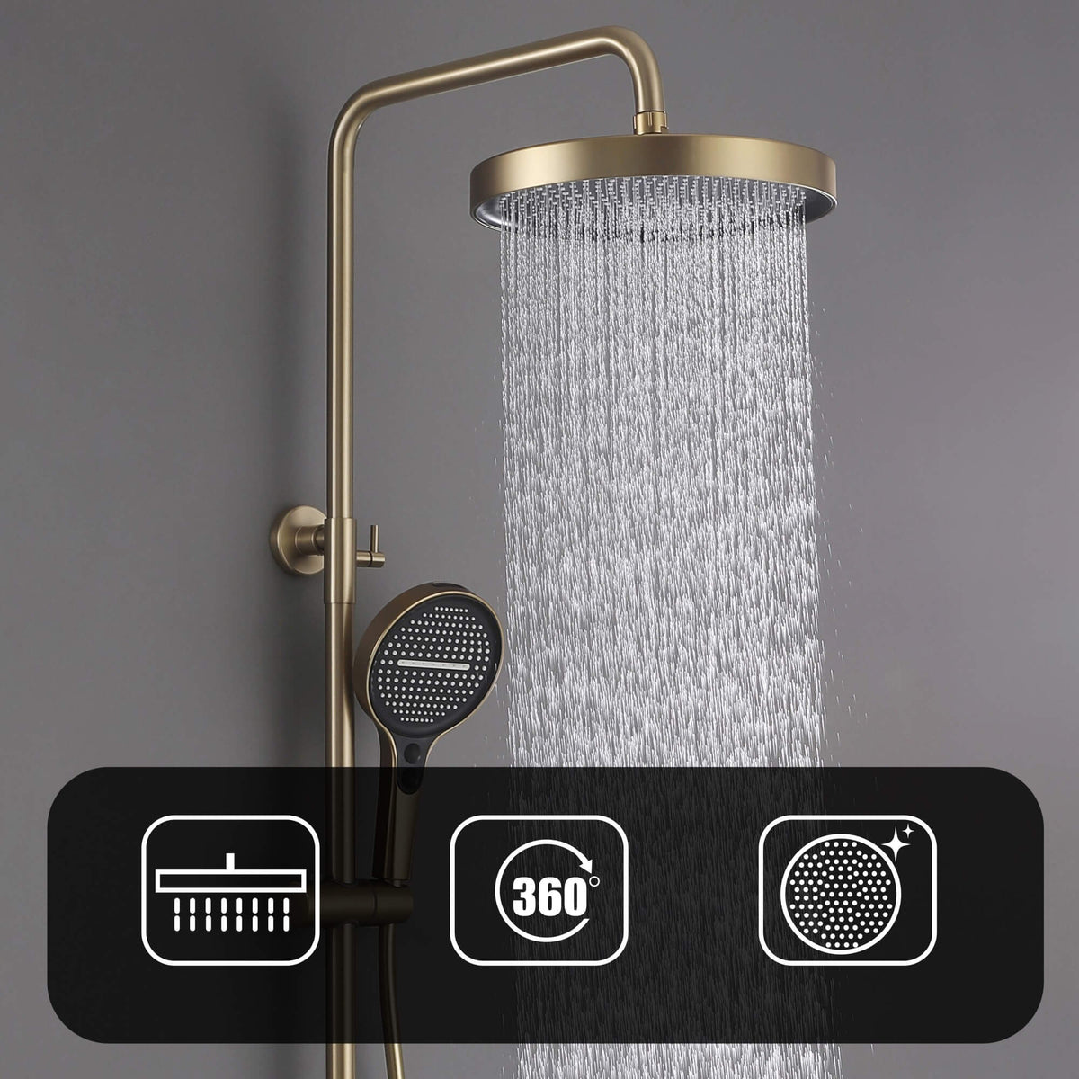 Exposed 3-Function Rain Shower Column with Shelf & Waterfall Tub Filler