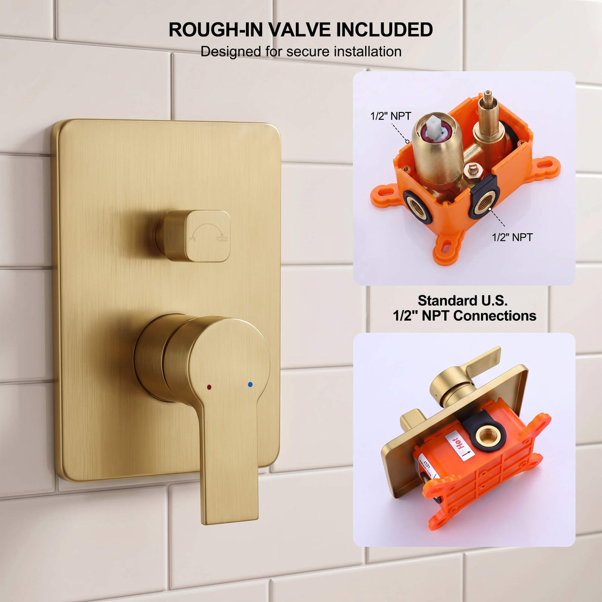Brushed gold shower faucet system with included rough-in valve and standard 1/2 inch NPT connections