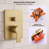 Brushed gold shower faucet system with included rough-in valve and standard 1/2 inch NPT connections