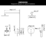 Brushed gold shower system dimensions with 10-inch rain shower head, handheld shower and rough-in valve