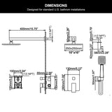 Dimensions of brushed gold shower system with 10-inch rain shower head, concealed valve and handheld shower