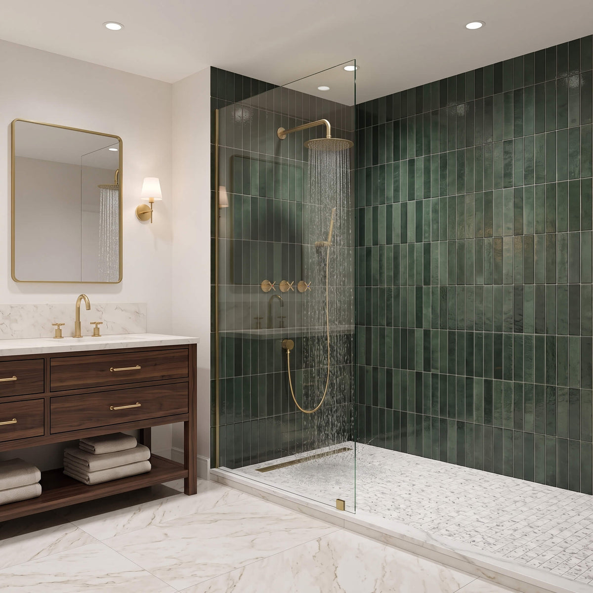 Brushed gold shower system installed in a modern bathroom with rainfall shower head and handheld shower