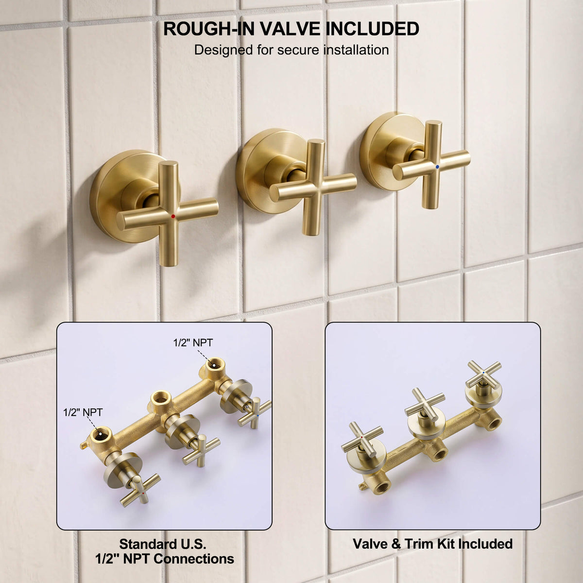 Brushed gold shower system with rough-in valve and three handle trim kit included
