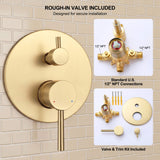 Brushed gold shower system rough-in valve and trim kit with standard 1/2 inch NPT connections