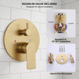 Brushed gold shower system with included rough-in valve and standard 1/2-inch NPT connections