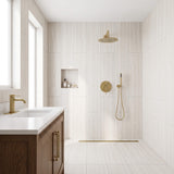 Brushed gold shower system with rain shower head, handheld shower and wall-mounted control valve