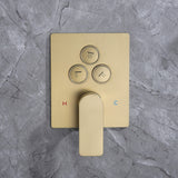 Brushed gold 3-function shower diverter valve panel with separate controls for rainfall, wall-mounted, and handheld spray.