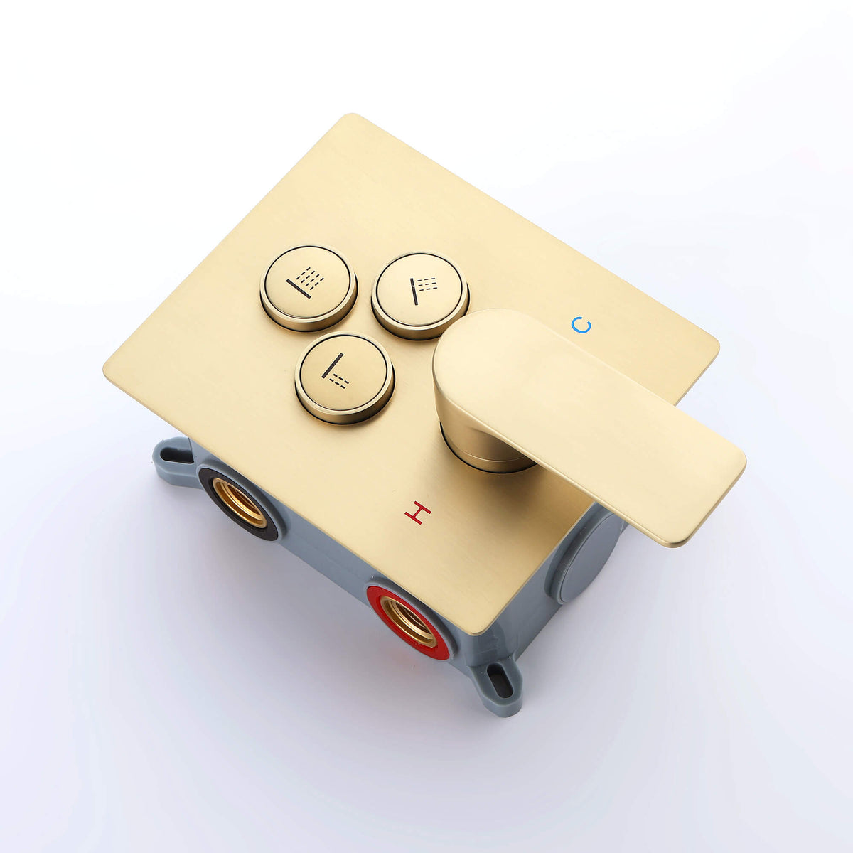 Brushed gold 3-function shower valve diverter with brass body and hot-cold water inlets, used in dual shower system.