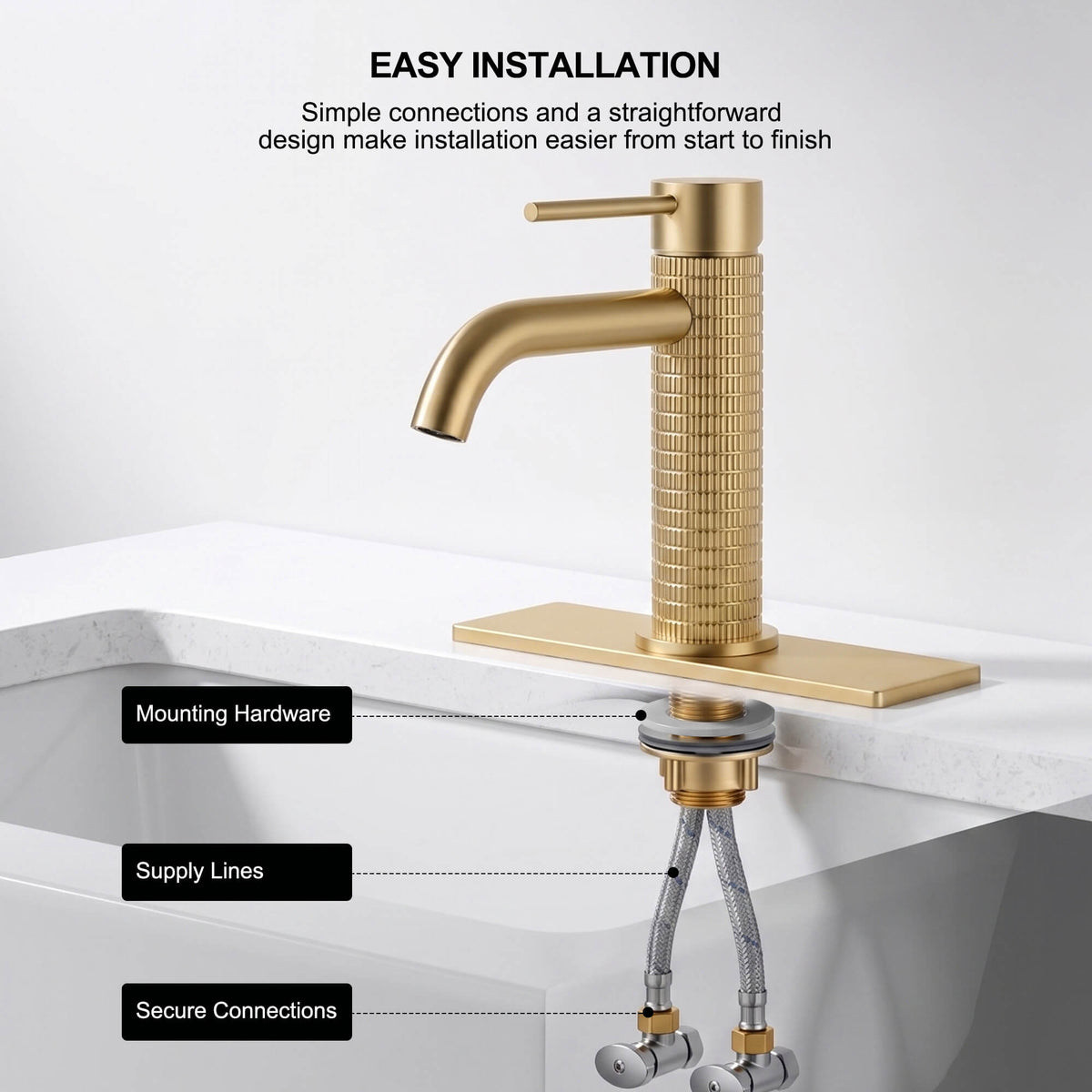 Brushed gold single hole faucet installation hardware with supply lines and mounting accessories