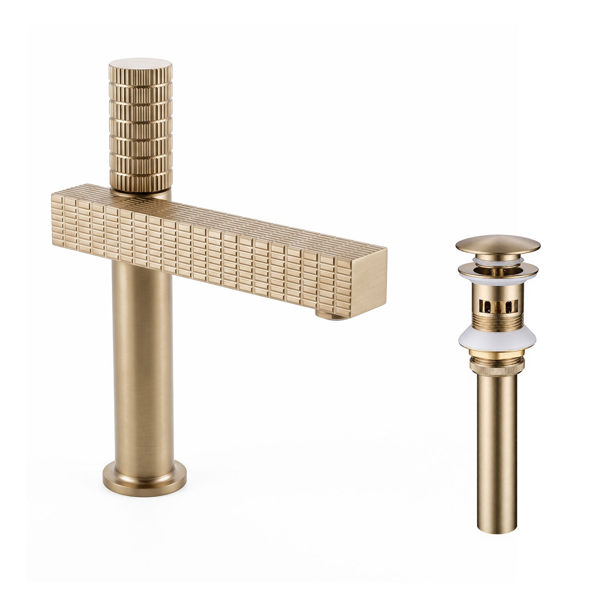 Brushed gold square bathroom faucet with textured spout and matching pop-up drain