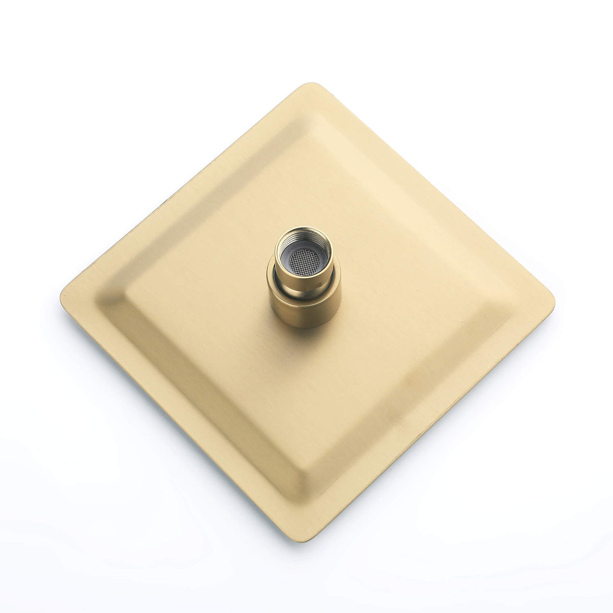 Square rainfall shower head back view with standard connector in brushed gold finish.