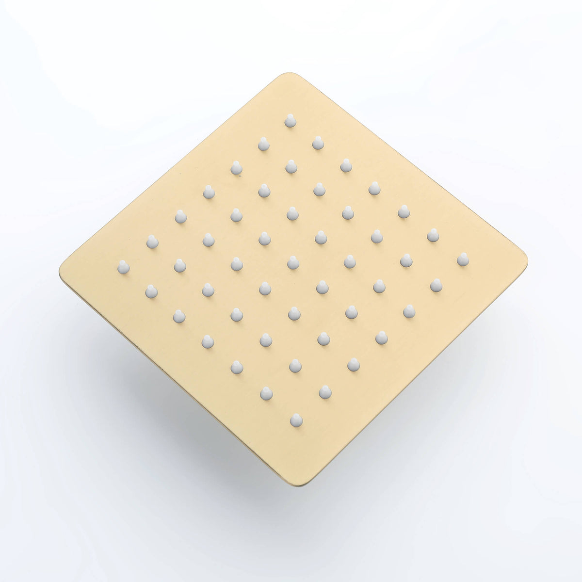 Square rainfall shower head front view in brushed gold finish with silicone nozzles.