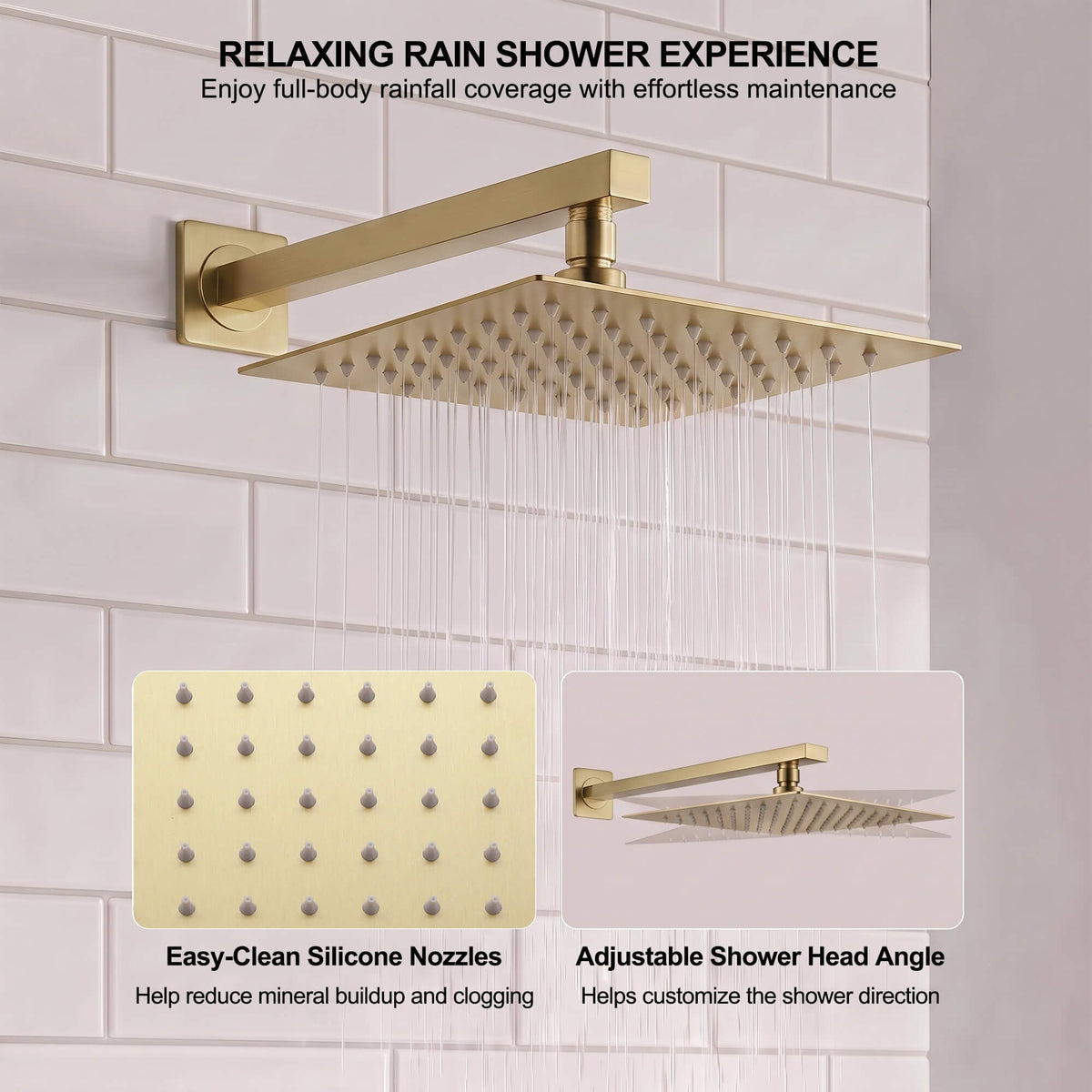 Brushed gold square rain shower head with easy-clean silicone nozzles and adjustable shower angle