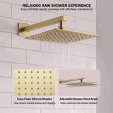 Brushed gold square rain shower head with easy-clean silicone nozzles and adjustable shower angle