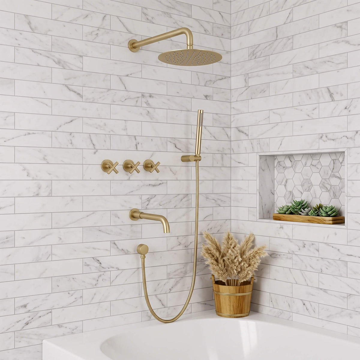 Brushed gold bathtub shower set featuring a round rainfall head, slim hand shower, tub spout and three cross handles