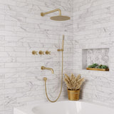 Brushed gold bathtub shower set featuring a round rainfall head, slim hand shower, tub spout and three cross handles