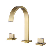 Brushed gold three hole bathroom faucet product image with curved waterfall spout