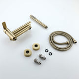 Brushed gold wall-mounted tub faucet kit with hand shower hose and mounting hardware