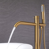 Brushed gold freestanding bathtub faucet with curved tub spout and handheld shower