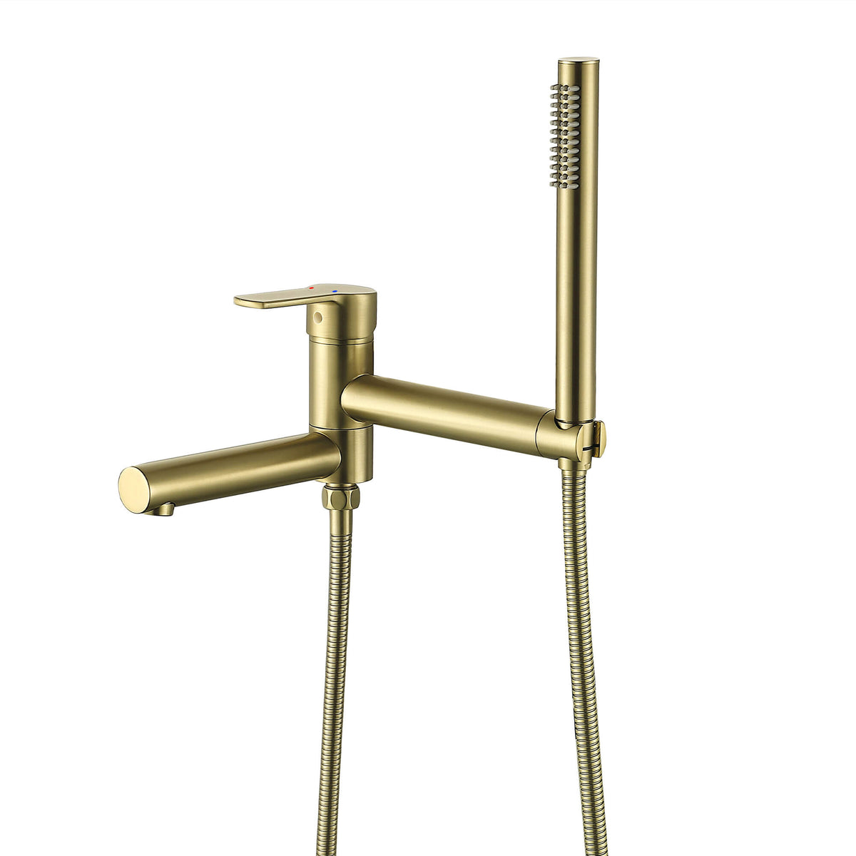 Brushed gold wall-mount tub filler with single handle and handheld shower hose