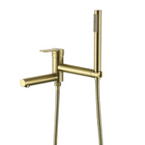 Brushed gold wall-mount tub filler with single handle and handheld shower hose
