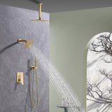 Wall-mounted square shower head with brushed gold finish spraying water as part of dual shower system.