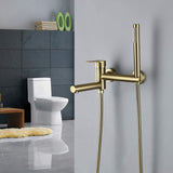Brushed gold wall-mounted tub faucet with handheld shower and long tub spout