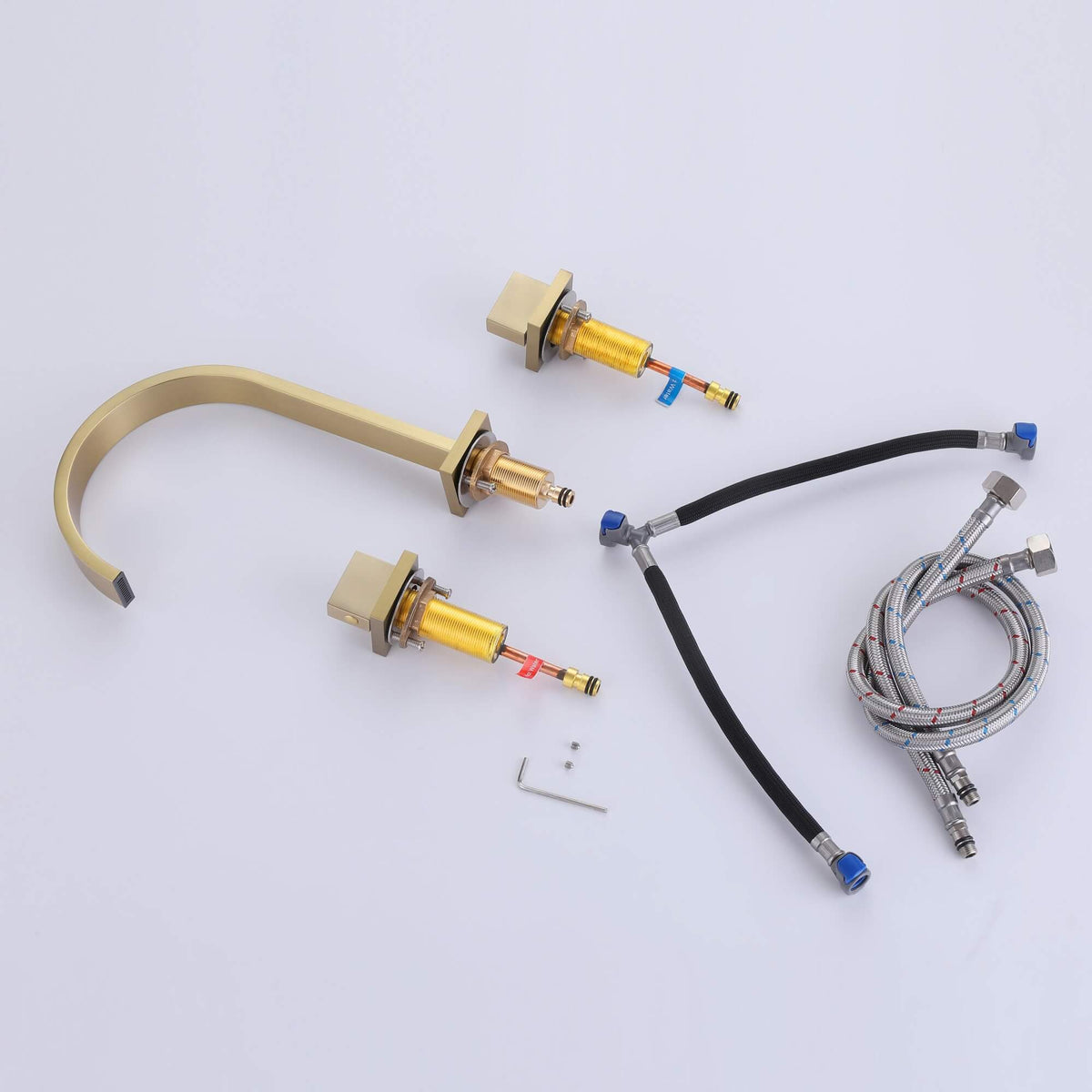 Brushed gold waterfall bathroom faucet set with hot and cold water supply lines and mounting accessories