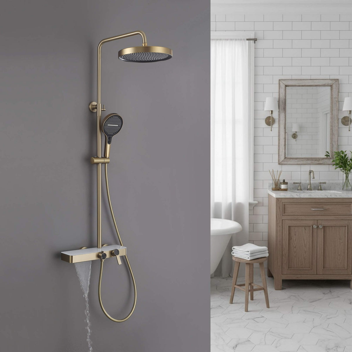 Exposed 3-Function Rain Shower Column with Shelf & Waterfall Tub Filler